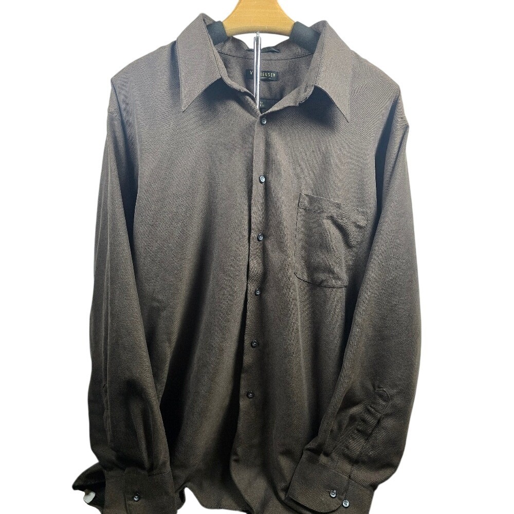 Van Heusen Mens Brown Microfiber Button Down Shirt Long Sleeve‎ Size 18 34/35